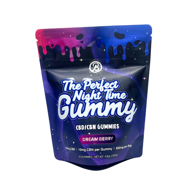 Baked Bags Exotic Edibles The Perfect Night Time Gummy in Dream Berry flavor, containing 30 CBD/CBN sleep gummies at 10mg CBD and 10mg CBN each