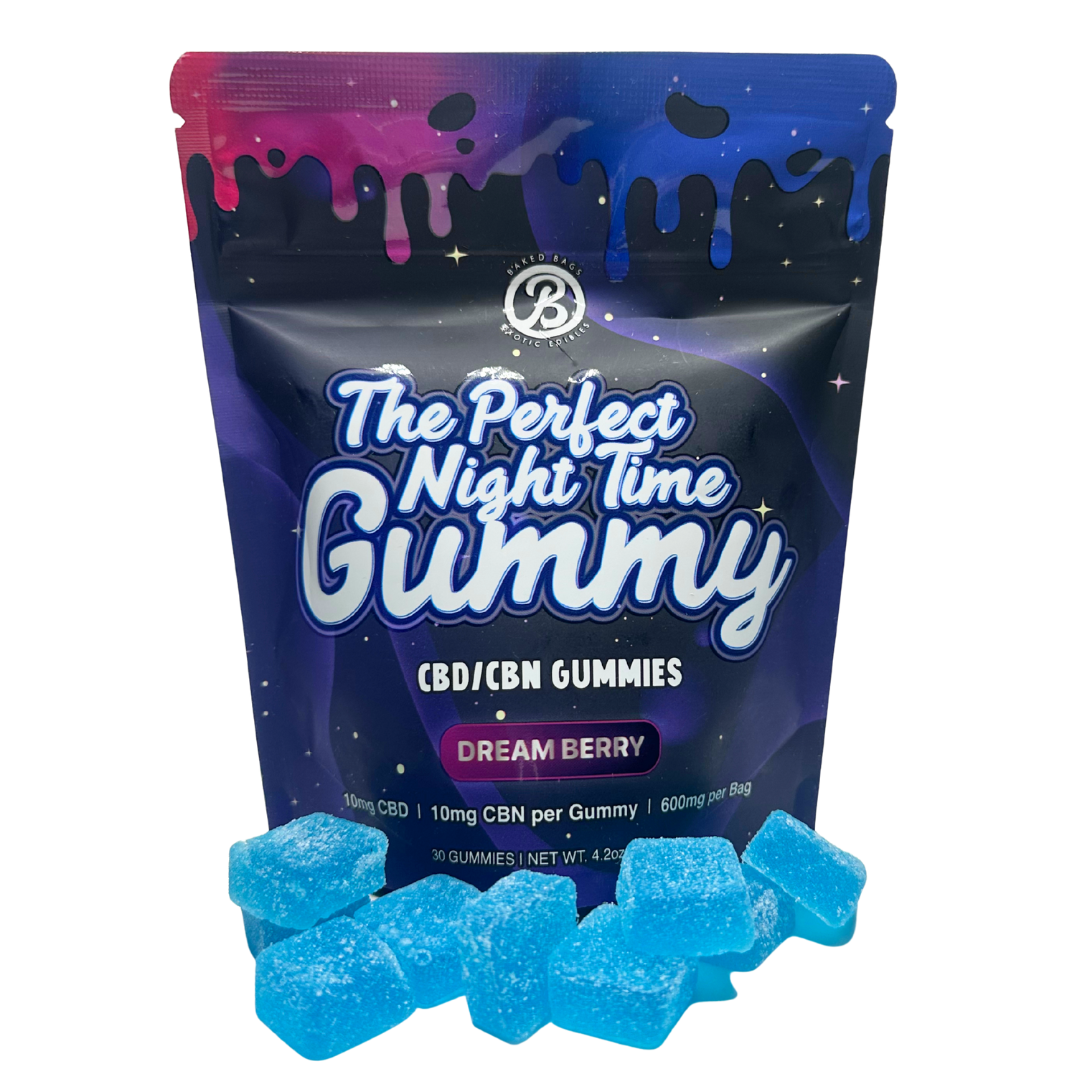 
                  
                    Baked Bags Exotic Edibles The Perfect Night Time Gummy in Dream Berry flavor, containing 30 CBD/CBN sleep gummies at 10mg CBD and 10mg CBN each
                  
                