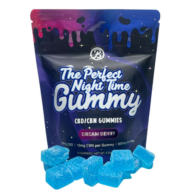 Baked Bags Exotic Edibles The Perfect Night Time Gummy in Dream Berry flavor, containing 30 CBD/CBN sleep gummies at 10mg CBD and 10mg CBN each
